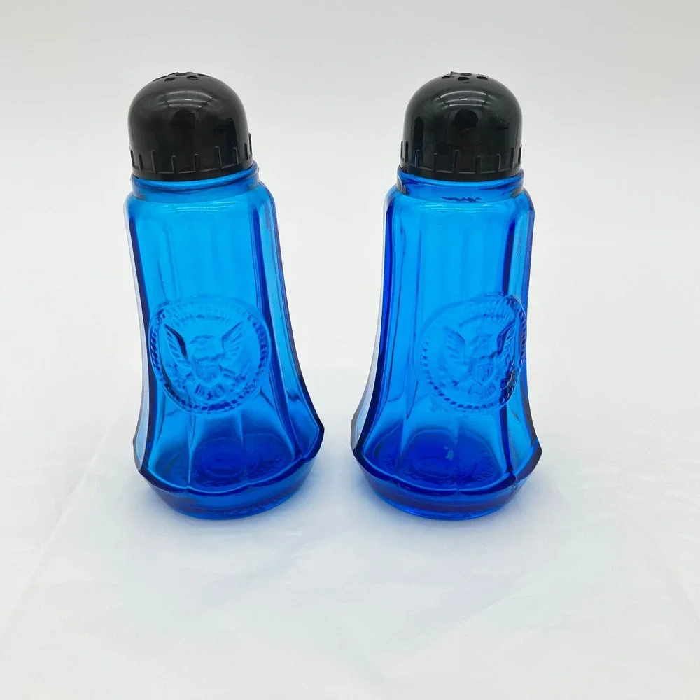 Crownford China Co Salt Pepper Shakers 1966 Cobalt Blue Embossed Eagle Vintage